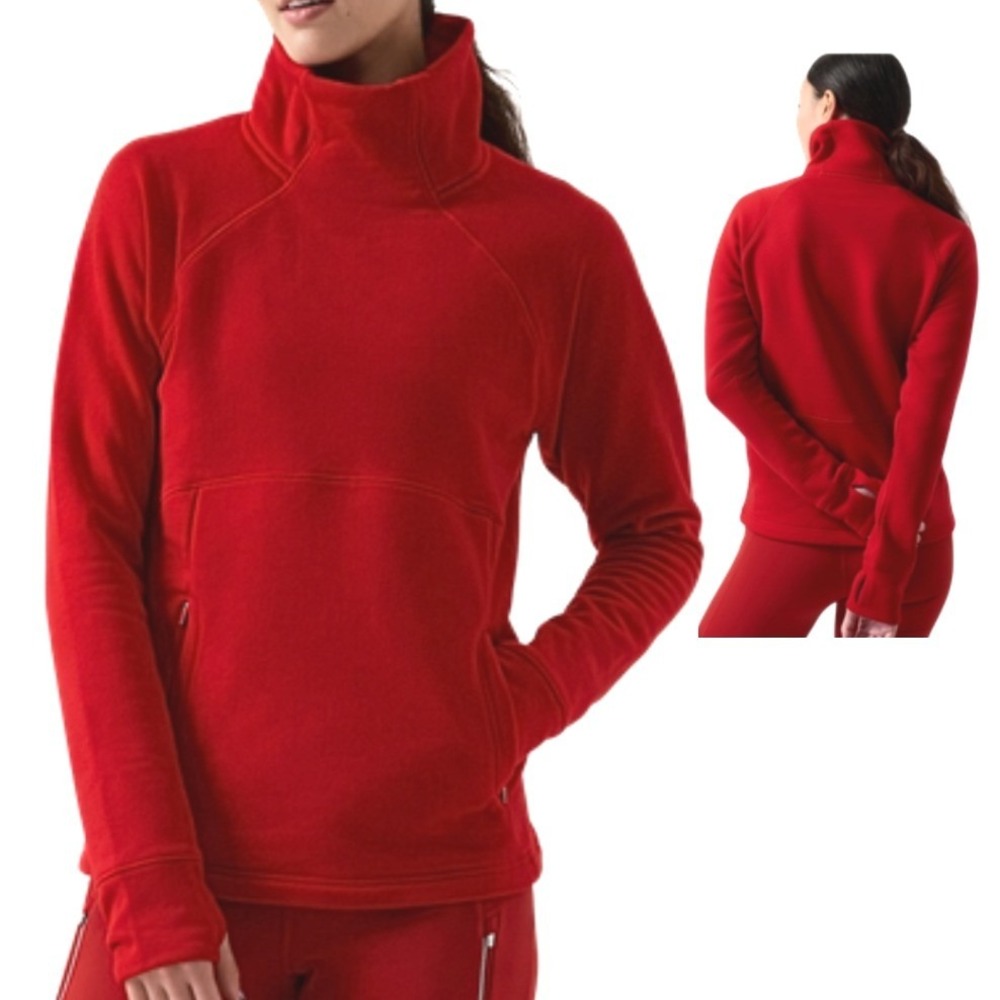 Athleta Red Funnel Neck Pullover Sweatshirt Thumbholes Zip Pockets Small SP